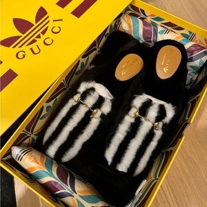 Gucci x Adidas furry horsebit slides slipper mules